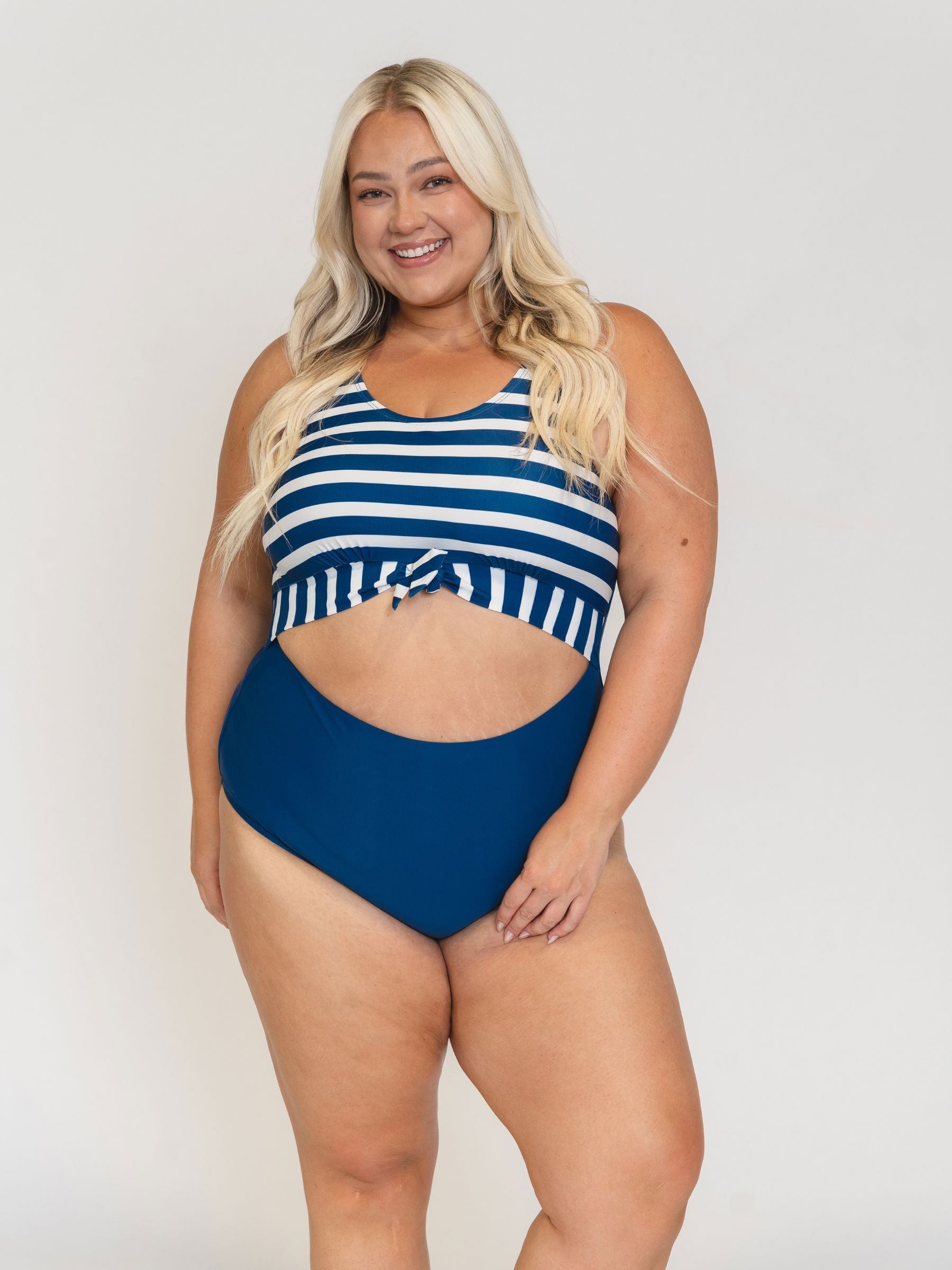 Navy Stripe Knotted One-Piece Swimsuit – UPF 50+