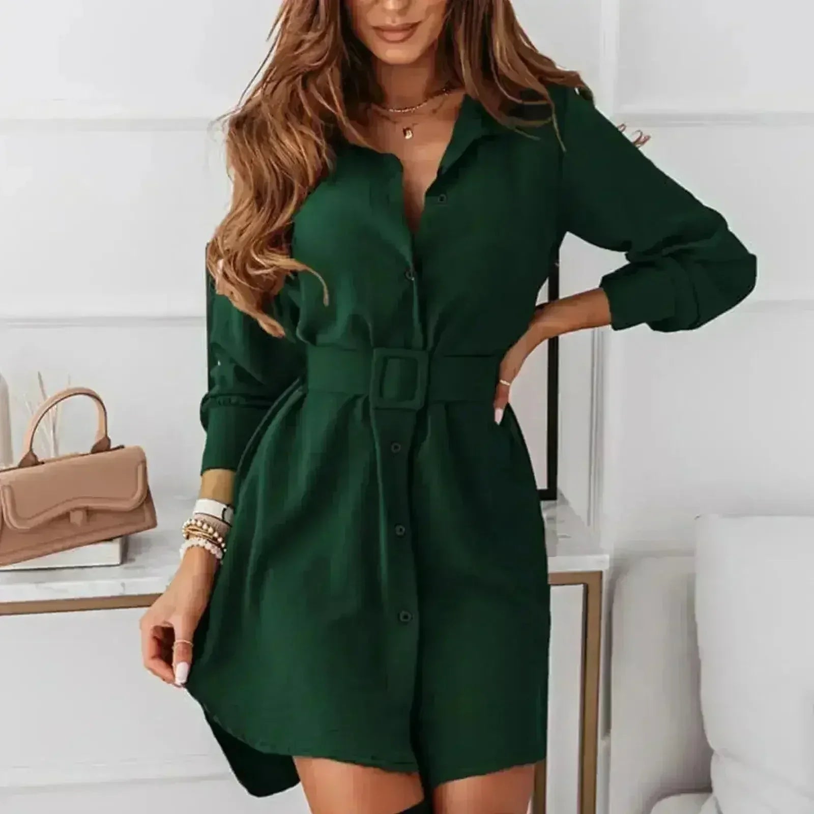 Casual A-Line Shirt Dress – Knee-Length, Long Sleeve