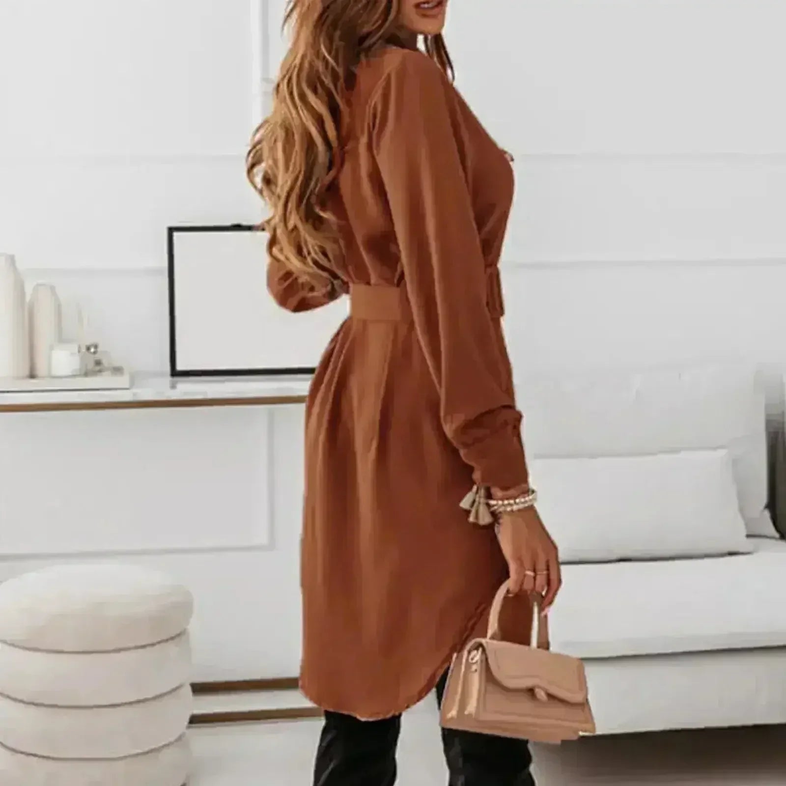 Casual A-Line Shirt Dress – Knee-Length, Long Sleeve