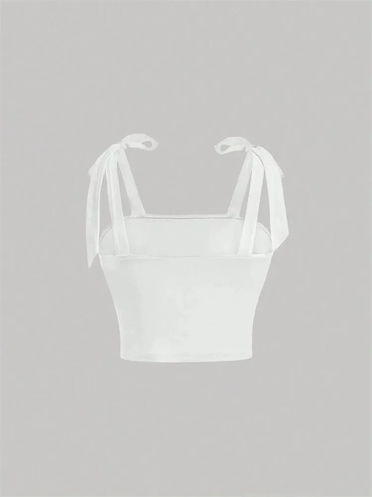 Tie Shoulder Ruched Crop Top – Y2K Bow Detail