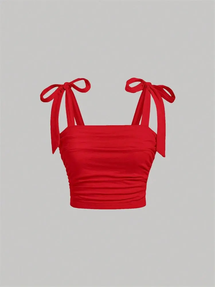 Tie Shoulder Ruched Crop Top – Y2K Bow Detail