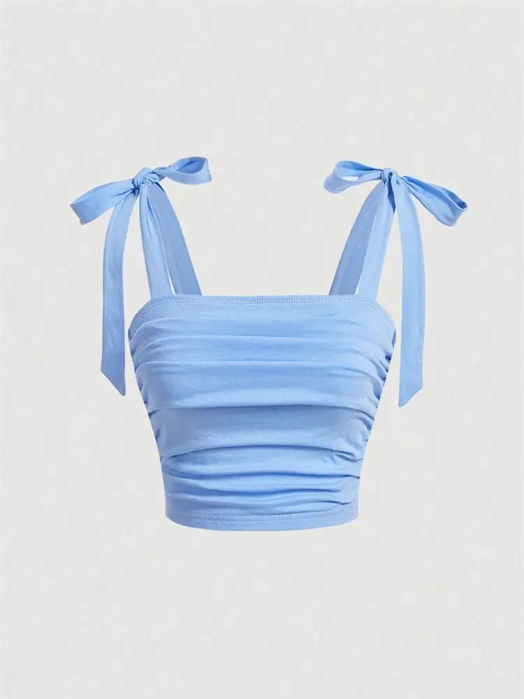 Tie Shoulder Ruched Crop Top – Y2K Bow Detail