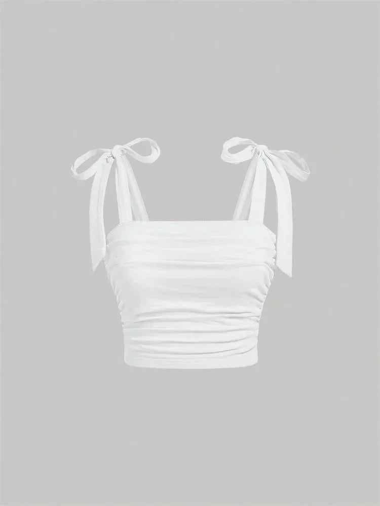Tie Shoulder Ruched Crop Top – Y2K Bow Detail