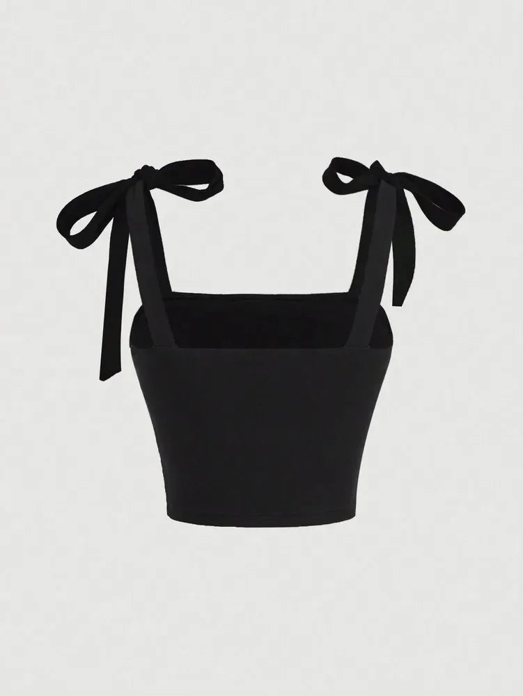 Tie Shoulder Ruched Crop Top – Y2K Bow Detail