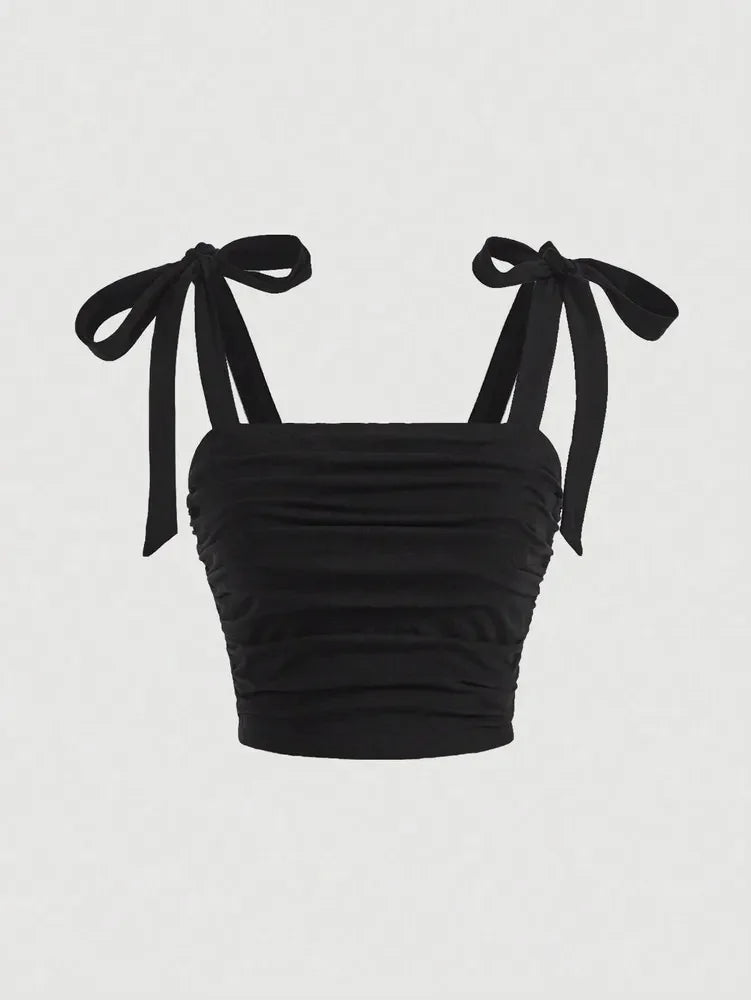 Tie Shoulder Ruched Crop Top – Y2K Bow Detail