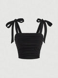 Tie Shoulder Ruched Crop Top – Y2K Bow Detail