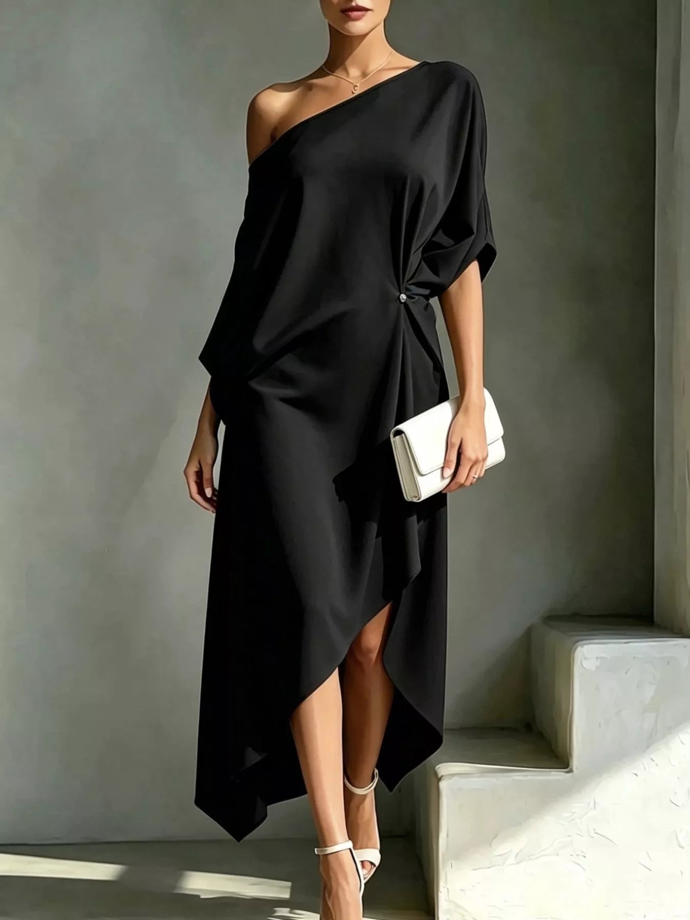Asymmetrical One-Shoulder Drape Dress – Plus Size S–3XL
