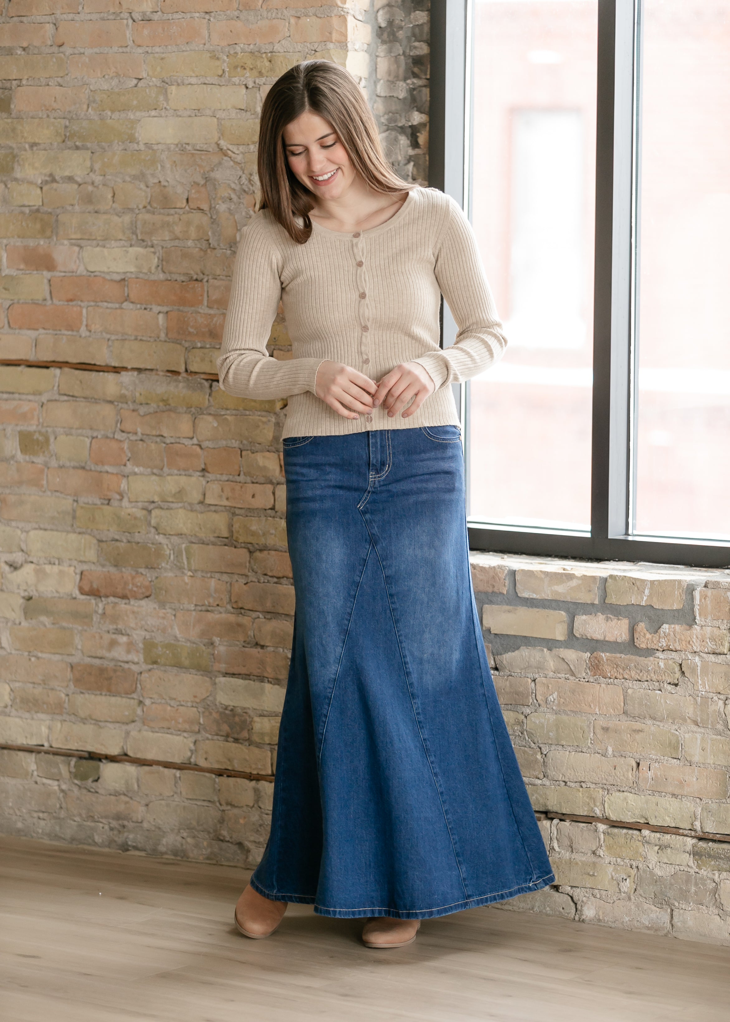Jennifer A-Line Long Denim Skirt – Medium Wash