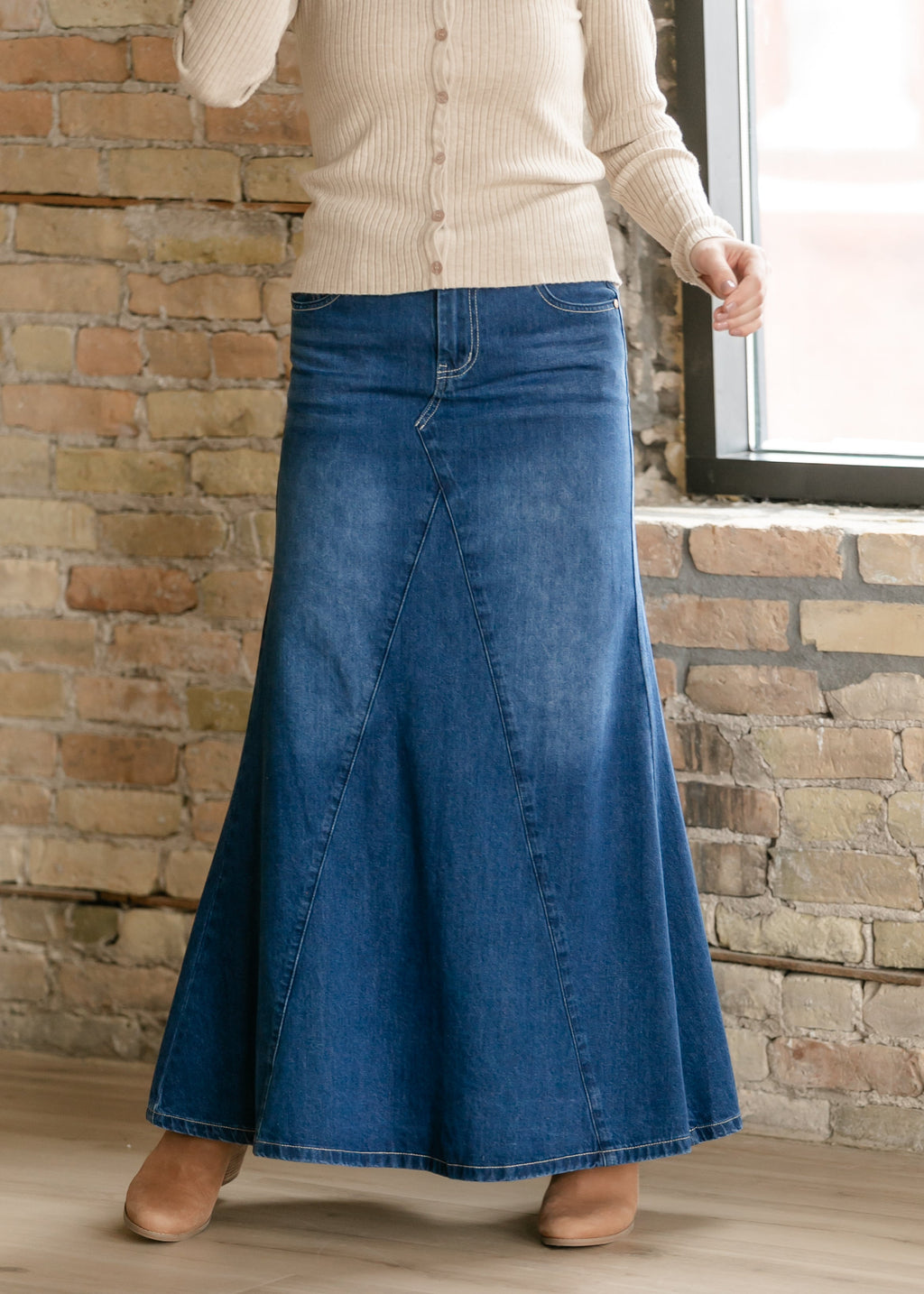 Jennifer A-Line Long Denim Skirt – Medium Wash