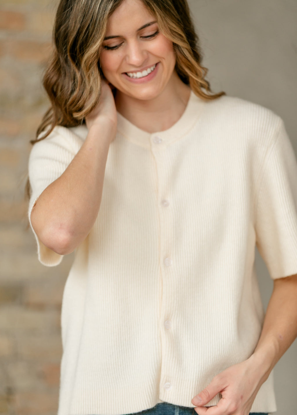 Zadie Ivory Short Sleeve Button Cardigan – Cotton-Rayon Blend