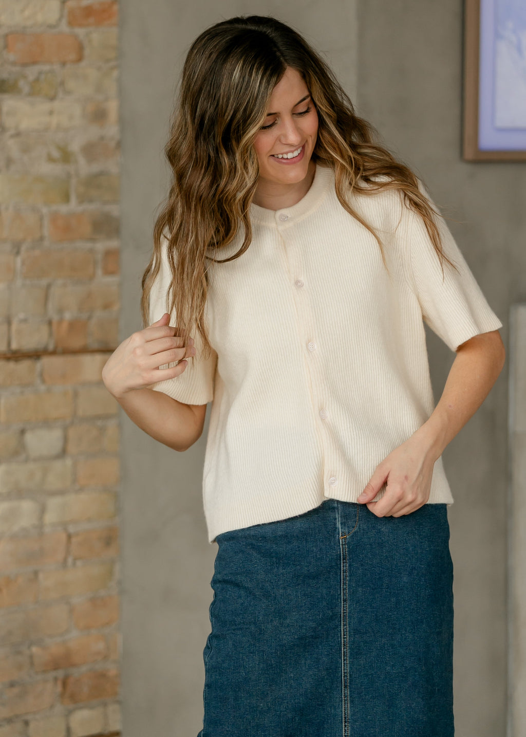 Zadie Ivory Short Sleeve Button Cardigan – Cotton-Rayon Blend