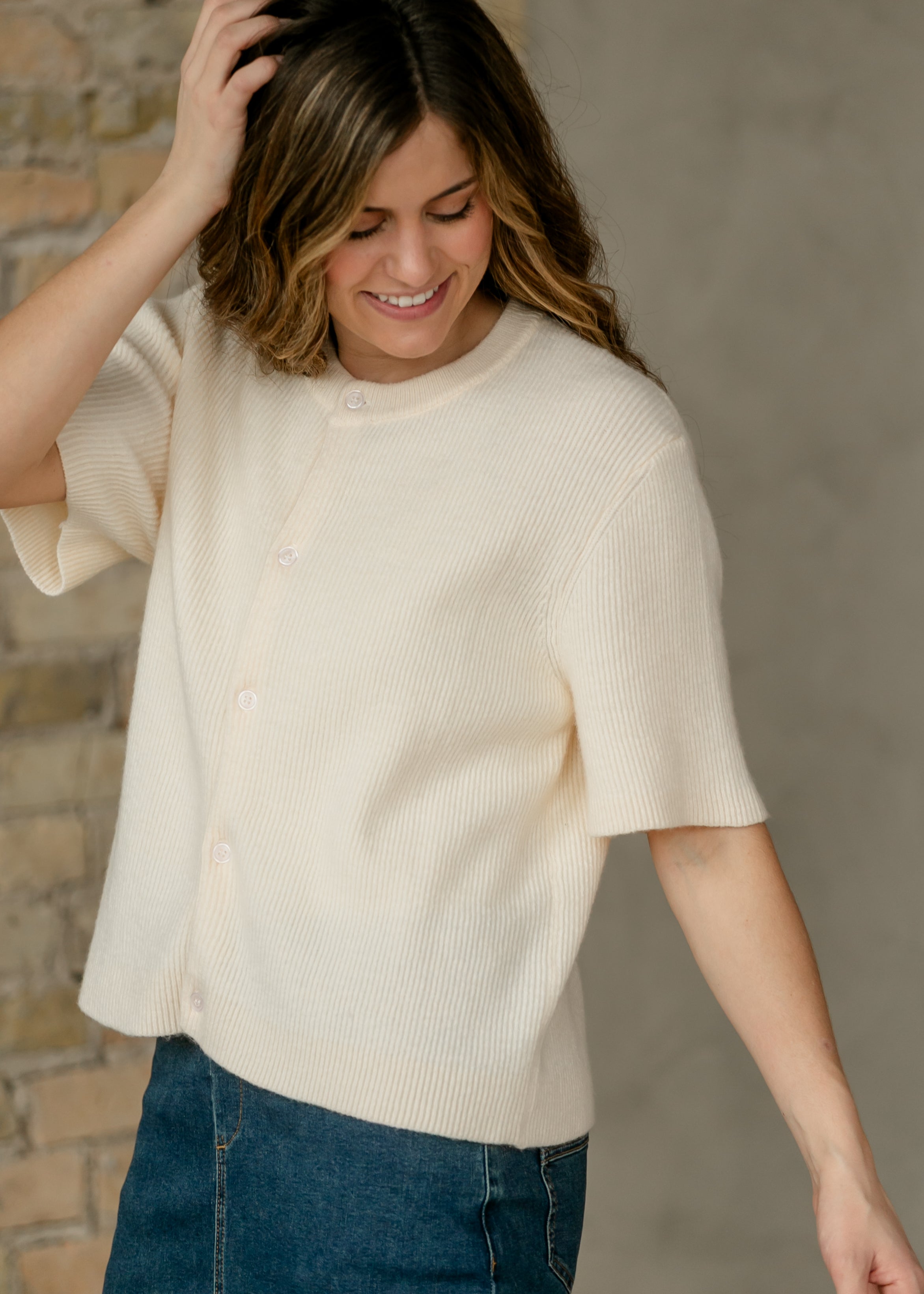 Zadie Ivory Short Sleeve Button Cardigan – Cotton-Rayon Blend