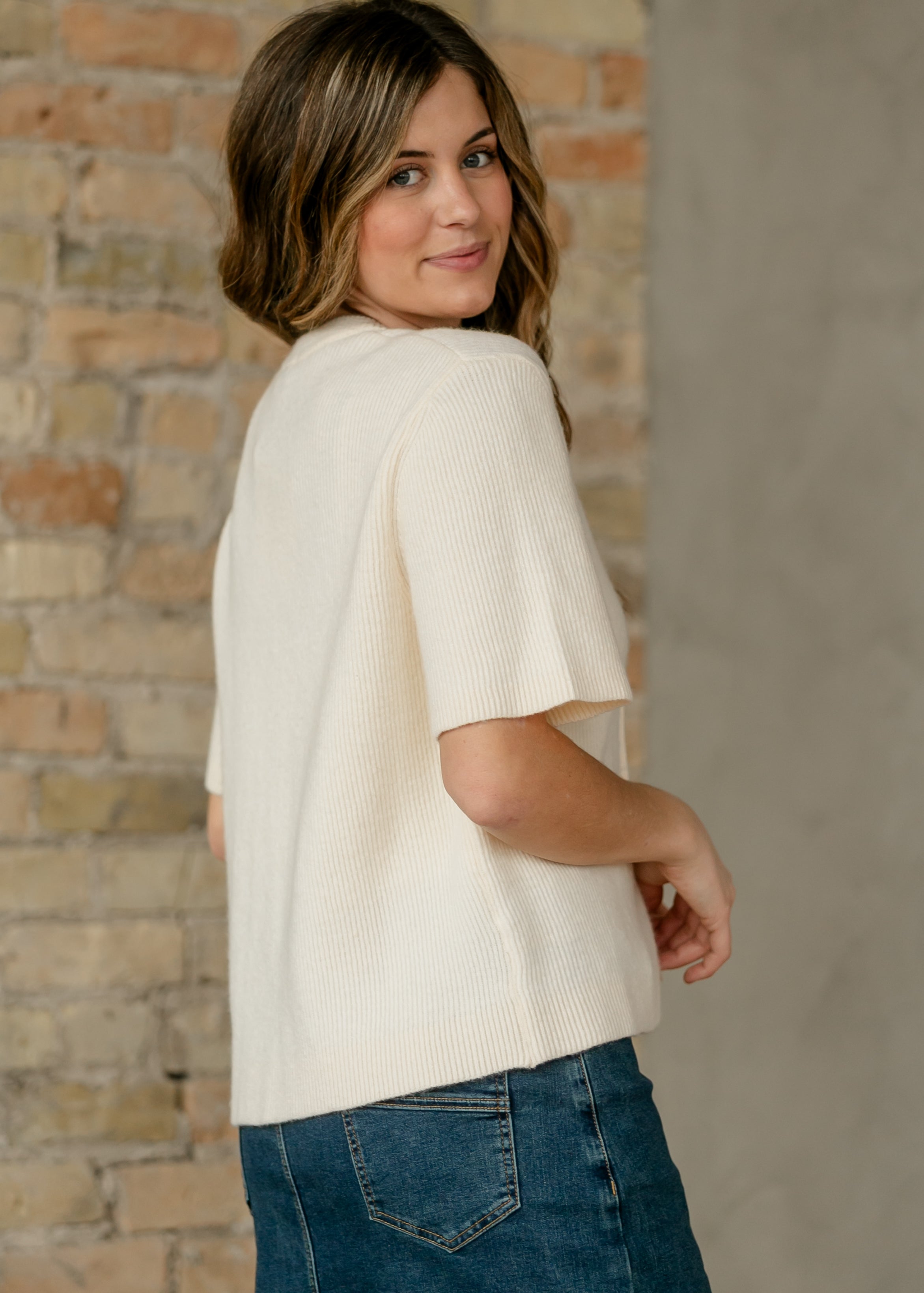 Zadie Ivory Short Sleeve Button Cardigan – Cotton-Rayon Blend