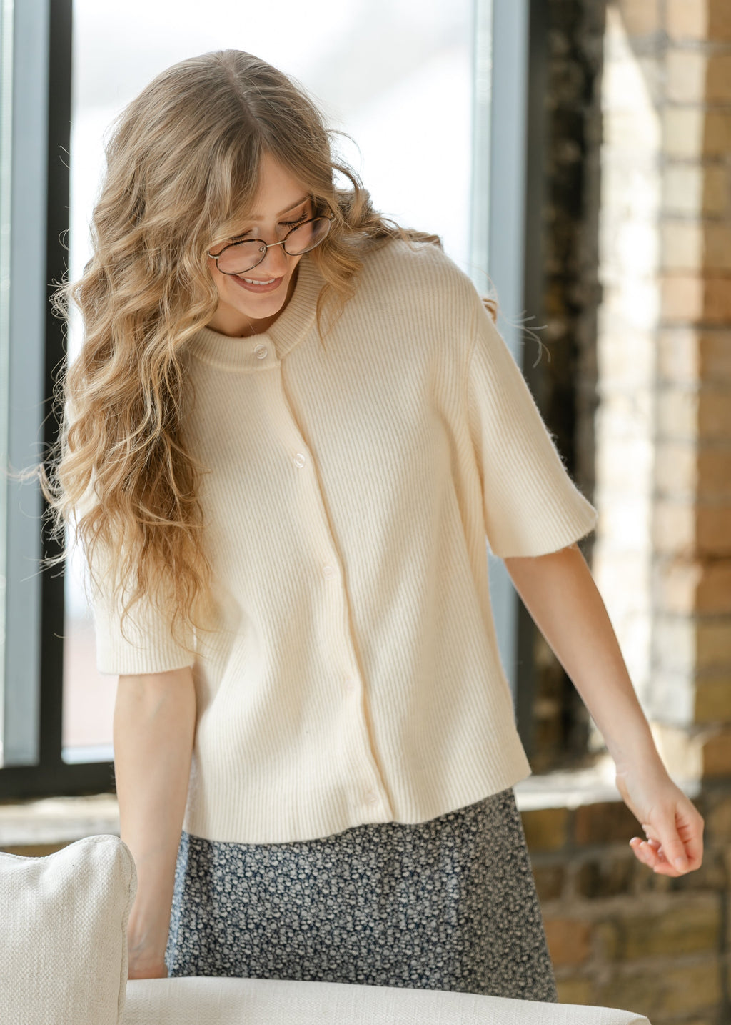 Zadie Ivory Short Sleeve Button Cardigan – Cotton-Rayon Blend