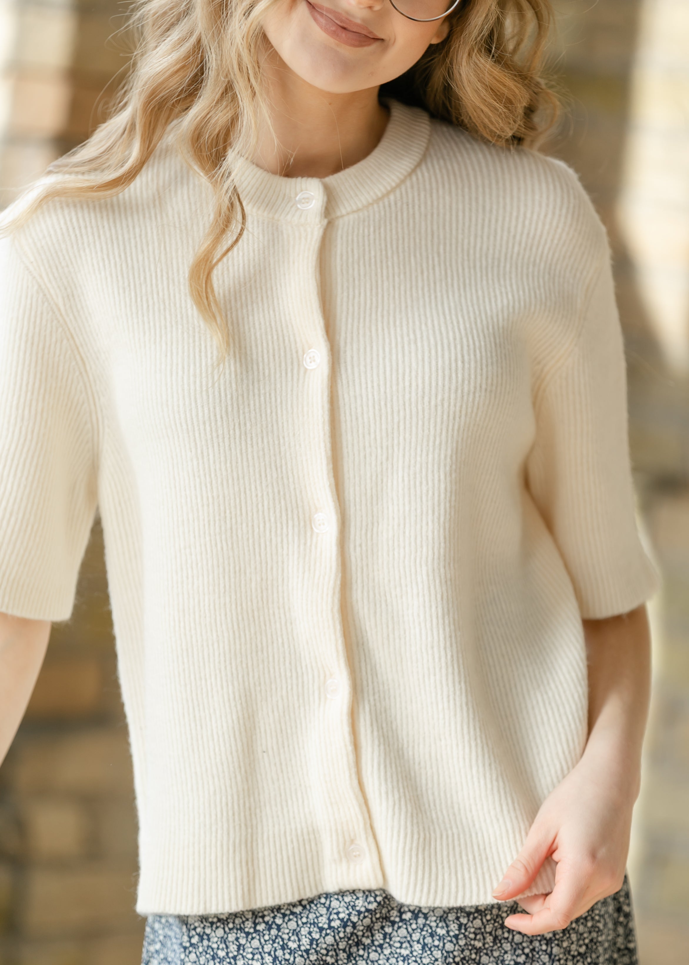 Zadie Ivory Short Sleeve Button Cardigan – Cotton-Rayon Blend